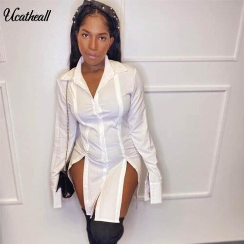 Womens Casual Single Breasted Shirt Dress Solid Long Sleeve A Line Split Dress Spring Autumn Woman Clothes Vestidos