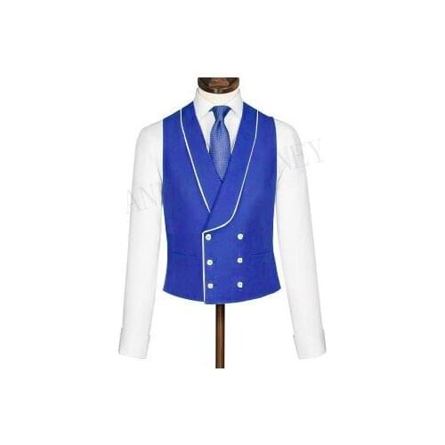 Blue Mens Vest Double Breasted Suit Vest 2019 Shawl Lapel Waistcoats Slim Fit Sleeveless Coat Tuxedo Prom Wedding Mens Vests