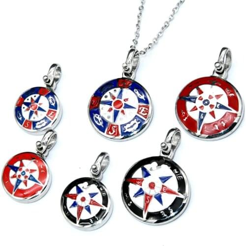 316L Stainless Steel Round Pendente Collana Blue Black Red Enamel Compass Satr Pendant Necklace for Sailor Mariner Jewelry