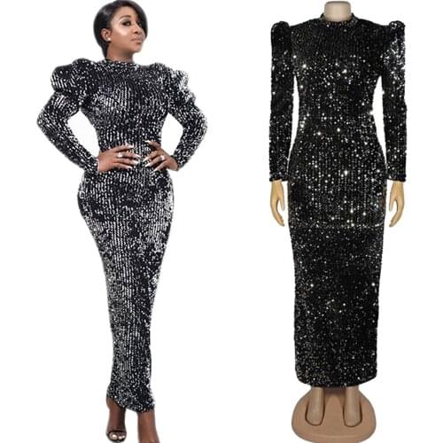 African Women Party Evening Sequins Long Dress Bodycon Pencil Sexy Africa Kanga Clothing Long Sleeve Club Wear Elegant Dresses