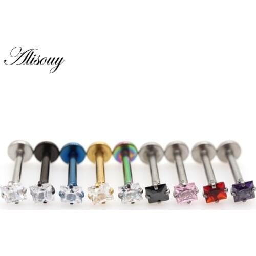 Alisouy 1pc Square Crystal Zircon Lip Labret Piercing Ring 16G Stainless Steel Cartilage Ear Tragus Earrings Stud Body Jewelry
