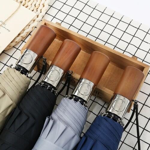 High Quality Automatic Men Umbrella Three Fold Retro Wooden Handle Sun Folding Umbrellas 10K Windproof Genuine Brand