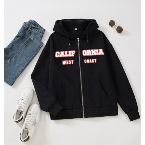 California Oversized Hoodie Zipper Black Hoodie Graphic Sweatshirt Women Fashion Clothes Kpop Top Autumn Winter Long Sleeve