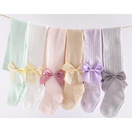 Breathable Infant Baby Girls Tights Summer Knitted Cotton Baby Toddler Stockings Soft Cute Solid Bowknot Pantyhose For Girl