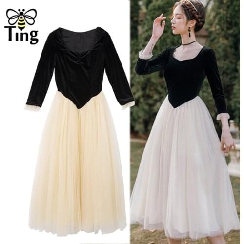 Tingfly Victorian Vintage Elegant Velvet Patchwork Mesh A Line Dress Retro Ballet Swan Midi Long Dresses Vestidos Soft Girl Robe