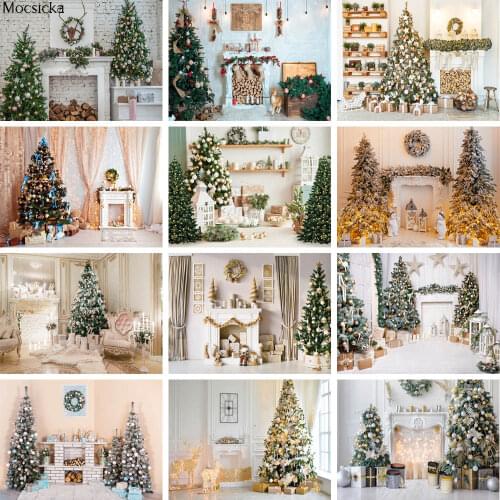 Xmas Backdrop Fireplace Winter Christmas Tree Wreath Family Portrait Photography Background Photo Studio Photophone Photocall
