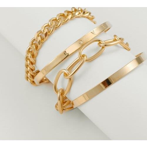 KISS WIFE 4/PCS Punk Golden Cuban Chain Bracelet On Hand Hip Hop LOVE Layered Bangle Bracelets Set 2021 Trend Fashion Jewelry