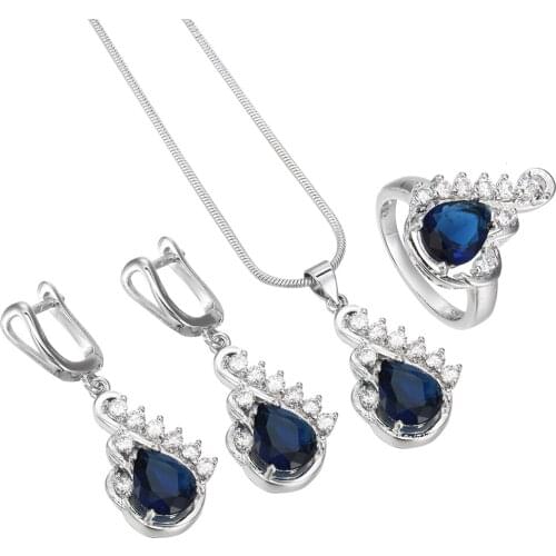 Classic Trendy crown design Jewelry Blue cz zirconia Ring Wedding Necklace Earring Set Silver Color bridal jewelry sets