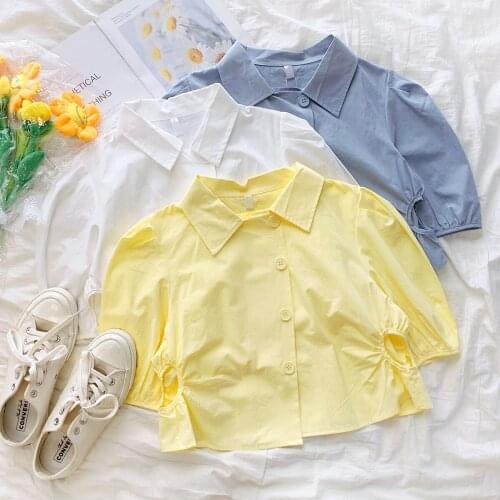 Cute hollow out side-breasted summer turn-down colalr slim-fit short section puff sleeve shirt