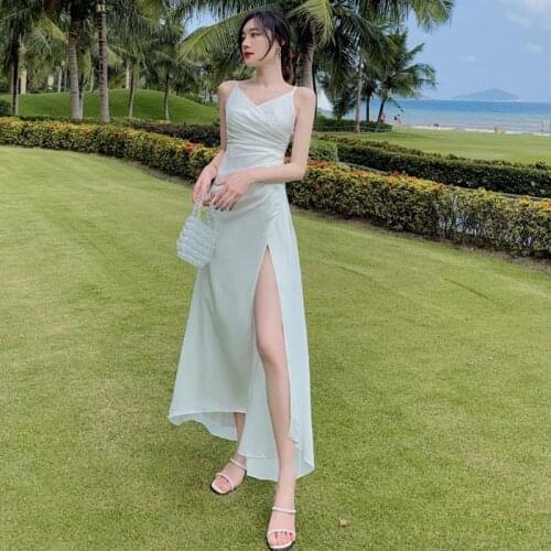 Fashion Summer Casual Vintage Split Maxi Party Club Dress Ladies Elegant Robe Sexy Strap V-Neck Backless Beach Vacation Dress