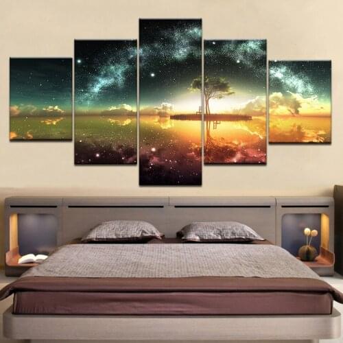 Canvas Paintings Wall Art Frame Modular HD Prints Starry Sky Poster 5 Pieces Tree Abstract Landscape Pictures Kids Room Decor