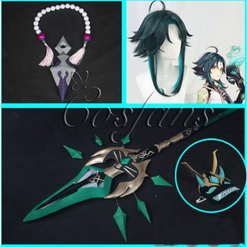 Genshin Impact Xiao Wig Necklace Long Tassle Pendant Cosplay Dark Green Synthetic Short Straight Heat Resistant Hair Accessories