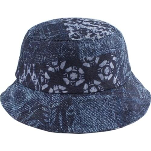 2021 New Fashion Vintage Print Denim Bucket Hat Reversible Bob Chapeau Femme Hip hop Cap Gorro Unisex Fisherman Hat