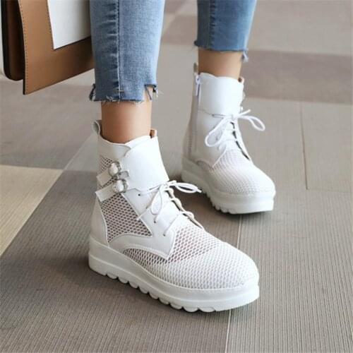 PXELENA 2020 Spring Summer Women Mesh Ankle Boots Lace Up Flat Platform Creepers Punk Rock Gothic Combat Shoes Black White 34-43