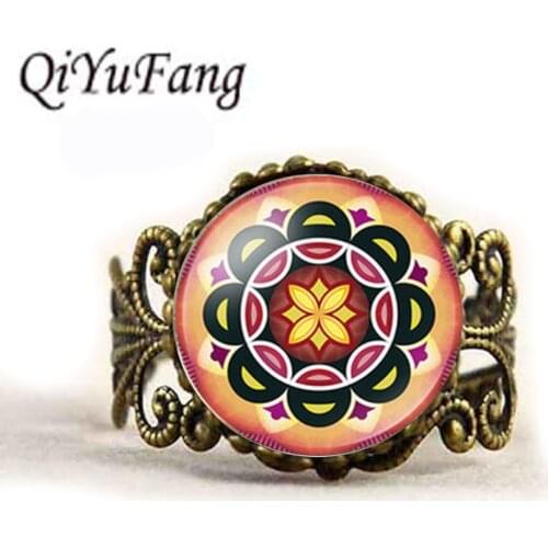 QiYuFang NingXiang Retro Flower Pendant Buddhism OM Symbol India Mandala Flower Ring Handmade Jewelry Glass Rings Men Women