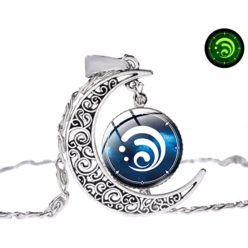 Anime Genshin Impact Luminous Necklace Eye of God Water Wind Thunder Fire Rock Ice Element Moon Shape Necklace Unisex Jewelry