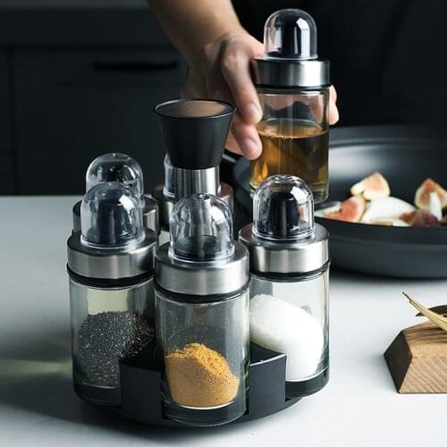 Rotating Glass Cruet Oil Dispenser Sealed Pot Condiment Spices Salt Jars Pepper Shakers Seasoning Storage Bottle Kitchen Tools