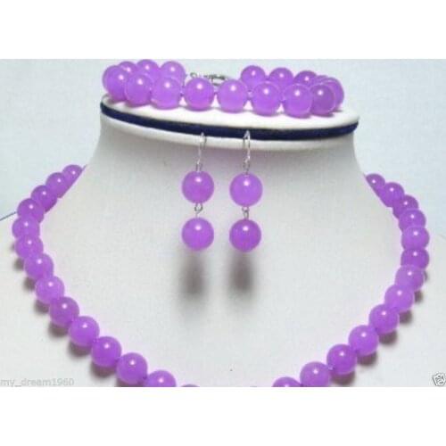 Jewelry Handmade Natural 10mm Purple JADE Beads Necklace Bracelet Earrings Set