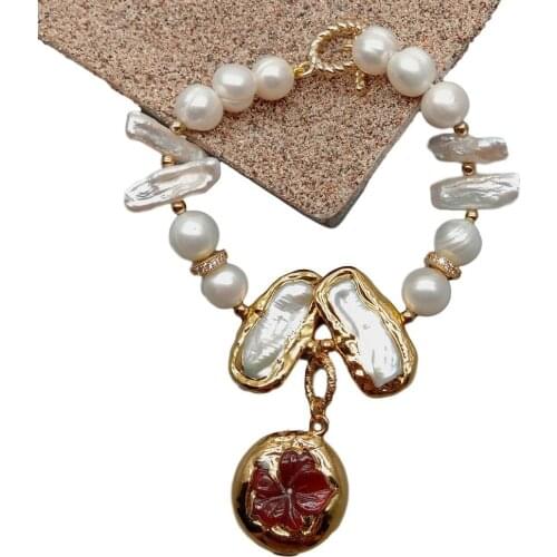 YYGEM natural Cultured White Round freshwater Pearl Biwa Pearl Carved Carnelian Flower Charm strand Bracelet 8"