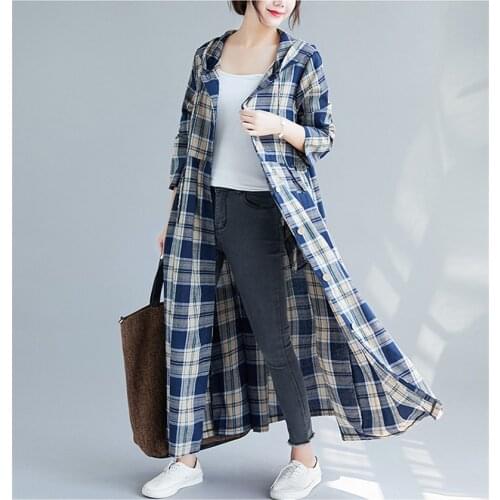 2021 New Spring Fall Women Vinage Plaid Long Trench Coat Large Size Korean New Casual Loose Long Sleeve Shirt Hooded Windbreaker