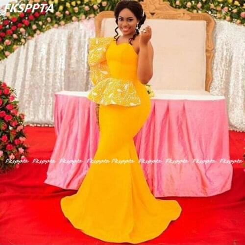 Long Mermaid Gold Prom Dresses Sweetheart Corset Lace Satin African Women Formal Occasion Wedding Party Gowns Plus Size Prom