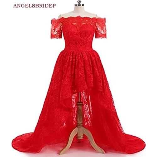 Fashion Boat-Neck High-Low Prom Dresses Vestidos de festa Fashion Half Sleeves Lace Design Special Occasion Celebrity Party Gown