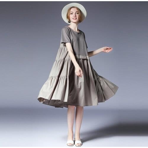 Women Plus size dresses casual loose Gauffer Elegant dress Large size ladies' crew neck high waist fashion short sleeve dresses
