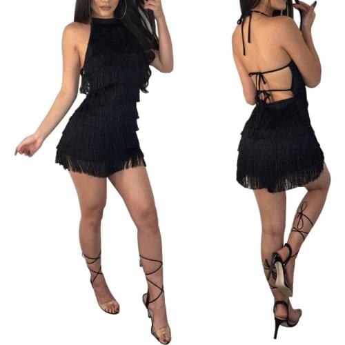 2021 woman sexy black dress tassel bandage short dress summer club party solid dress for female girls B052