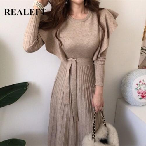 REALEFT Autumn Winter Knitted Vintage Dress Korean Style Fashion Ruffled Long Sleeve Midi Length Women Kinitting Dresses Female