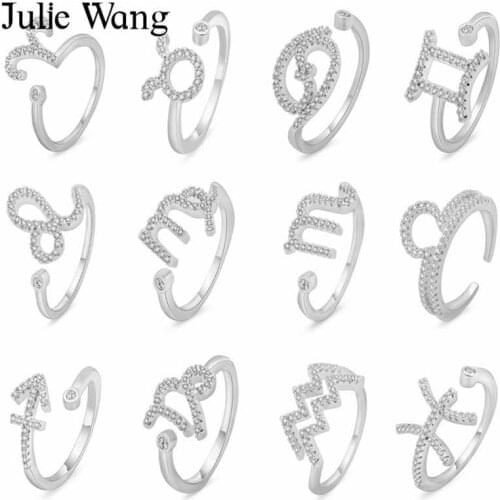 Julie Wang 1PCS 12 Constellations Re-sizable Rings Copper Rhinestone Zircon Ring Women Girl Fashion Birthday Gift Finger Jewelry