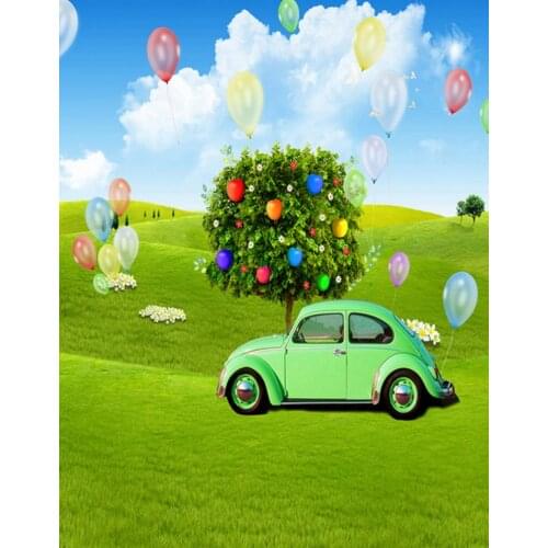 5x7ft Tree Grass Lawn Car Balloon Photography Backdrops Photo Props Studio Background