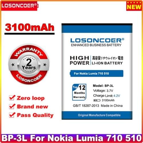 LOSONCOER 3100mAh BP-3L battery for Nokia Lumia 710 510 603 610C 900 303 603 610 3030 505 battery
