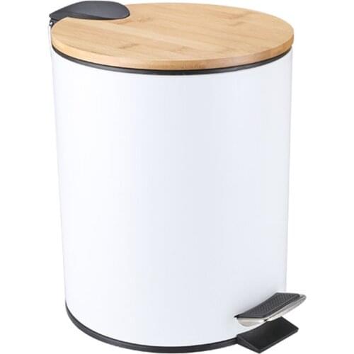 Trash Can Bamboo Lid 3L /5L Step-On Garbage Container Trash Bin for Kitchen Bathroom Bedroom White