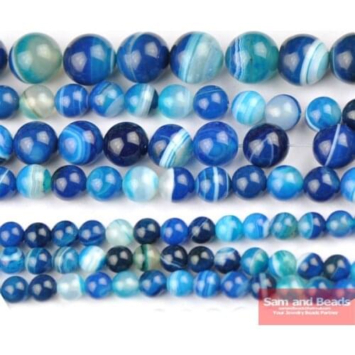 Free Shipping Natural Stone Blue Stripe Agata Round Loose Beads 4 6 8 10 12MM Pick Size For Jewelry Making SAB04