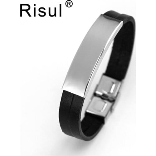 Risul Personalised blank tube double line Leather Bracelet StainlessSteel safe Clasp Male Bangles Fathers jewelry Gift 50pcs
