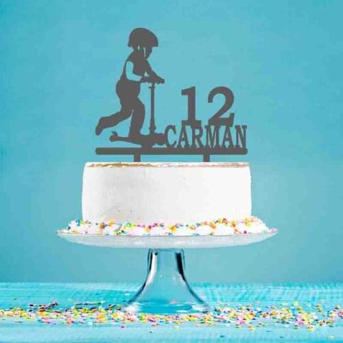 Kid Playing Scooter Silhouette Personalized Scooter Cake Topper Custom Name Age Scooter Fans Birthday Party Cake Decoration