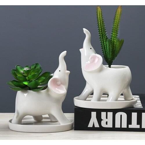 Creative Cartoon Ceramics Elephant Flower Pot Home Living Room Desktop Succulent Plants Bonsai Pots Crafts Garden Balcony Decor