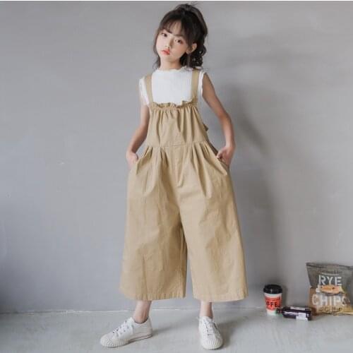 Summer Girls Jumpsuits Clothes 8 10 12 years 2021 Summer White Tee and Beige Wide Leg Pants Fashion Children Two Piece Suit
