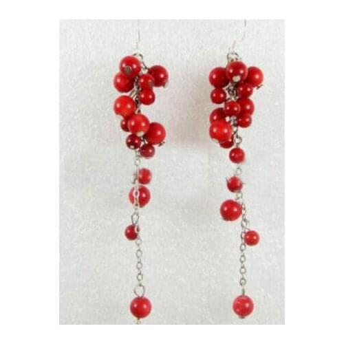 Fashion Red Coral Beads Custer Grape Hook Long Earrings