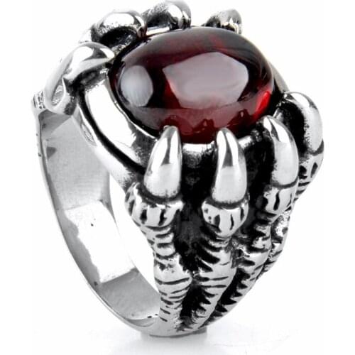 20mm Men Boy Punk Dragon Claw Red CZ Silver color 316L Stainless Steel Ring GIFT