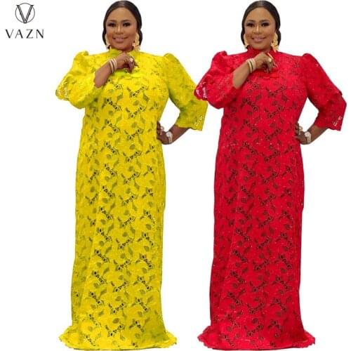 VAZN 2021 Spring New Fashion Women High Street Style Long Dress Long Sleeve Round Neck Lace Long Dress And Long Vest