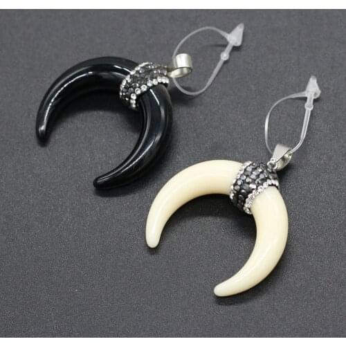 Natural Bull Bone Pendant with Crystal Rhinestone Charms Crescent-shaped Pendants for DIY Necklace Earring Jewelry Making Gift