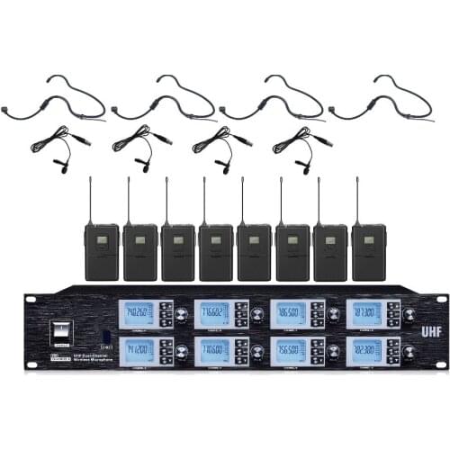 Professional 8 Channel Wireless 4 Headsets & 4 Lavalier Microphone System