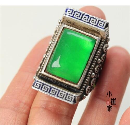 Collection of Qing Dynasty old jadeite jade ice rectangular ring holder ring face inlaid with silver ring finger