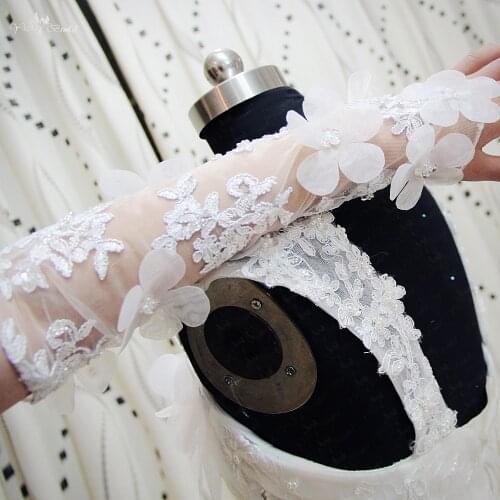 RSG21 Real Custom Made One Finger Elbow Length Flowers White Lace Gloves