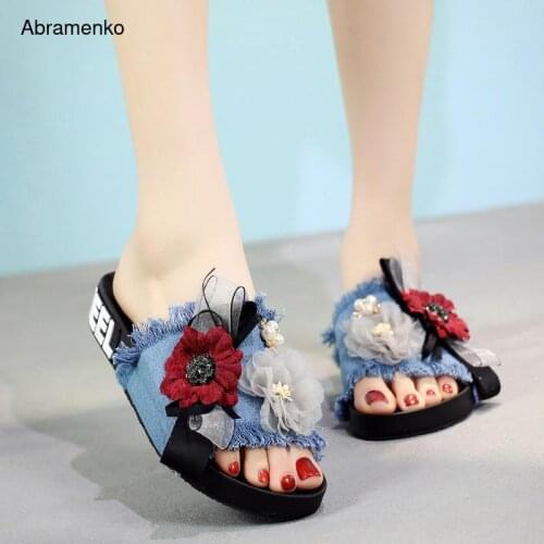 Sandals Flip Flop Women Wedge Platform Yarn denim Flower Black Sandal Comfortable Open Peep Toe Sandals Women Slipper Size 36-41