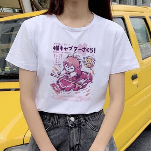 Showtly Catcaptor Sakura Cute Cat Women Tshirt Cartoon Tees kawaii T Shirt Female Harajuku Short Sleeve Fun Ulzzang T-Shirt