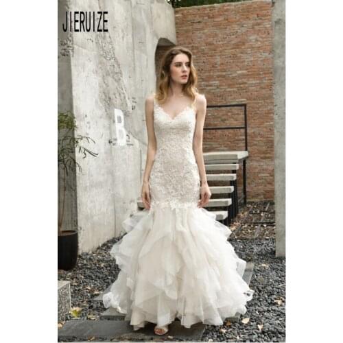 JIERUIZE Stunning Mermaid Wedding Dresses 2020 V Neck Button Back Ruched Tulle Tiered Bridal Gowns Custom Made robe de mariee