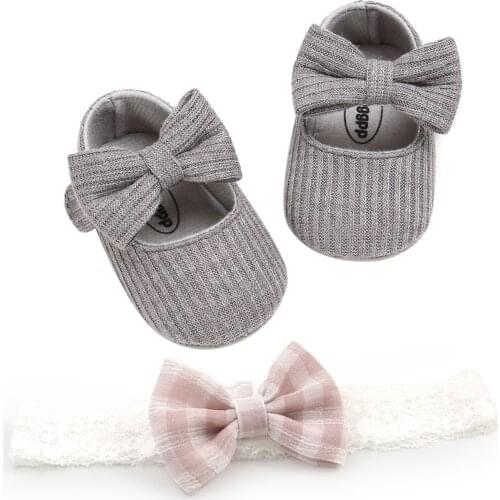Newborn Baby Girls Princess Shoes with Headband Infant Anti-Slip Soft Sole Casual Shoes Summer Bow Knit Shoes First Walkers