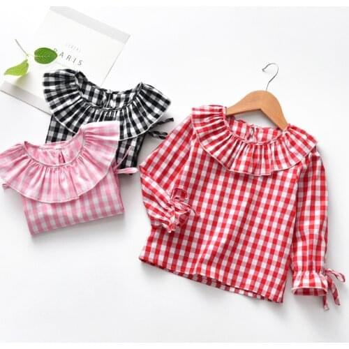 2021 Spring Baby Girls Full Sleeve Blouse Children Checkered Ruffles Collar Shirt Top Kids Flare Jumper Clothes